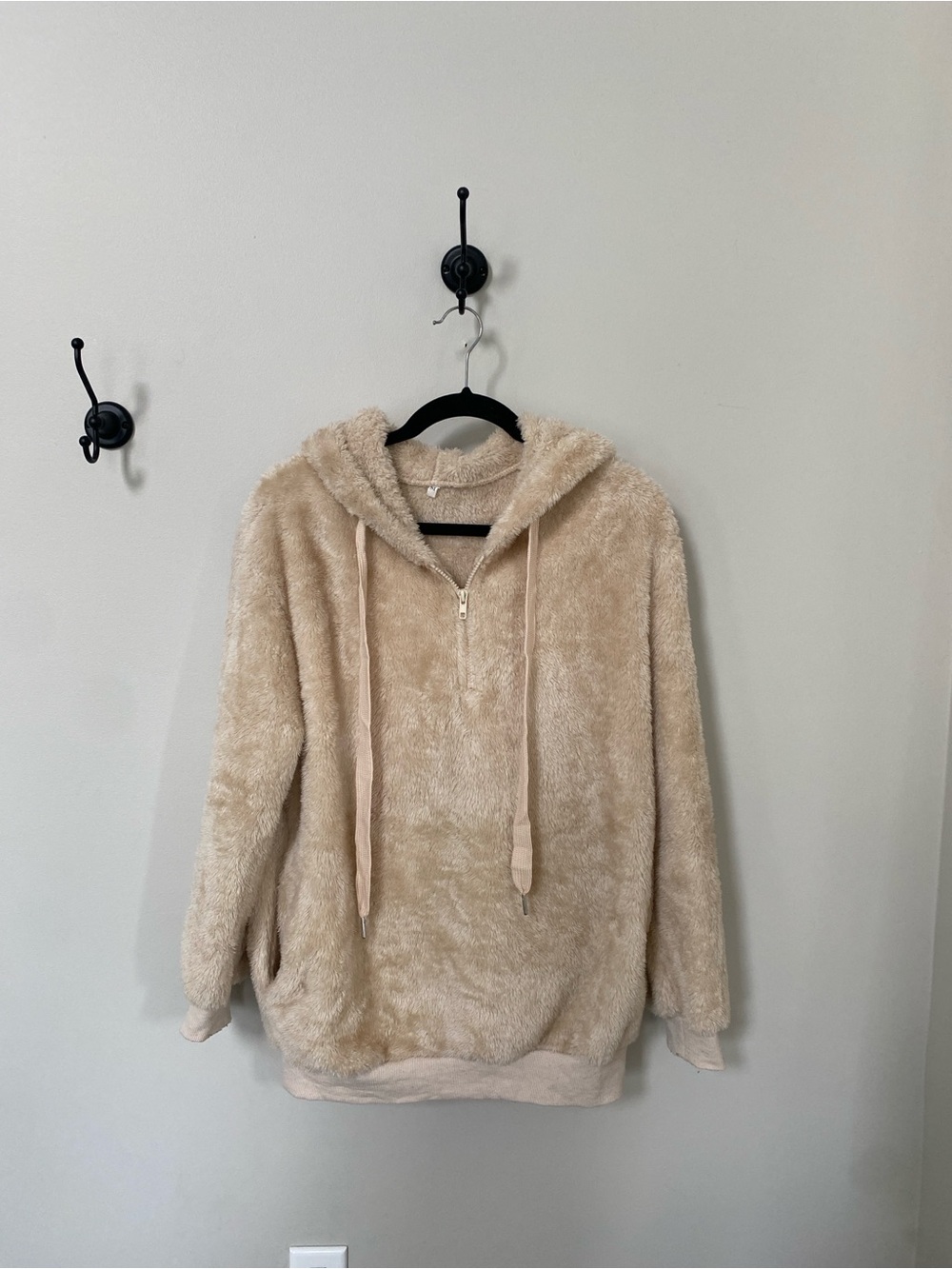 Amazon Cozy Plush Half-Zip Teddy Bear Hooded Pullover in Light Beige
